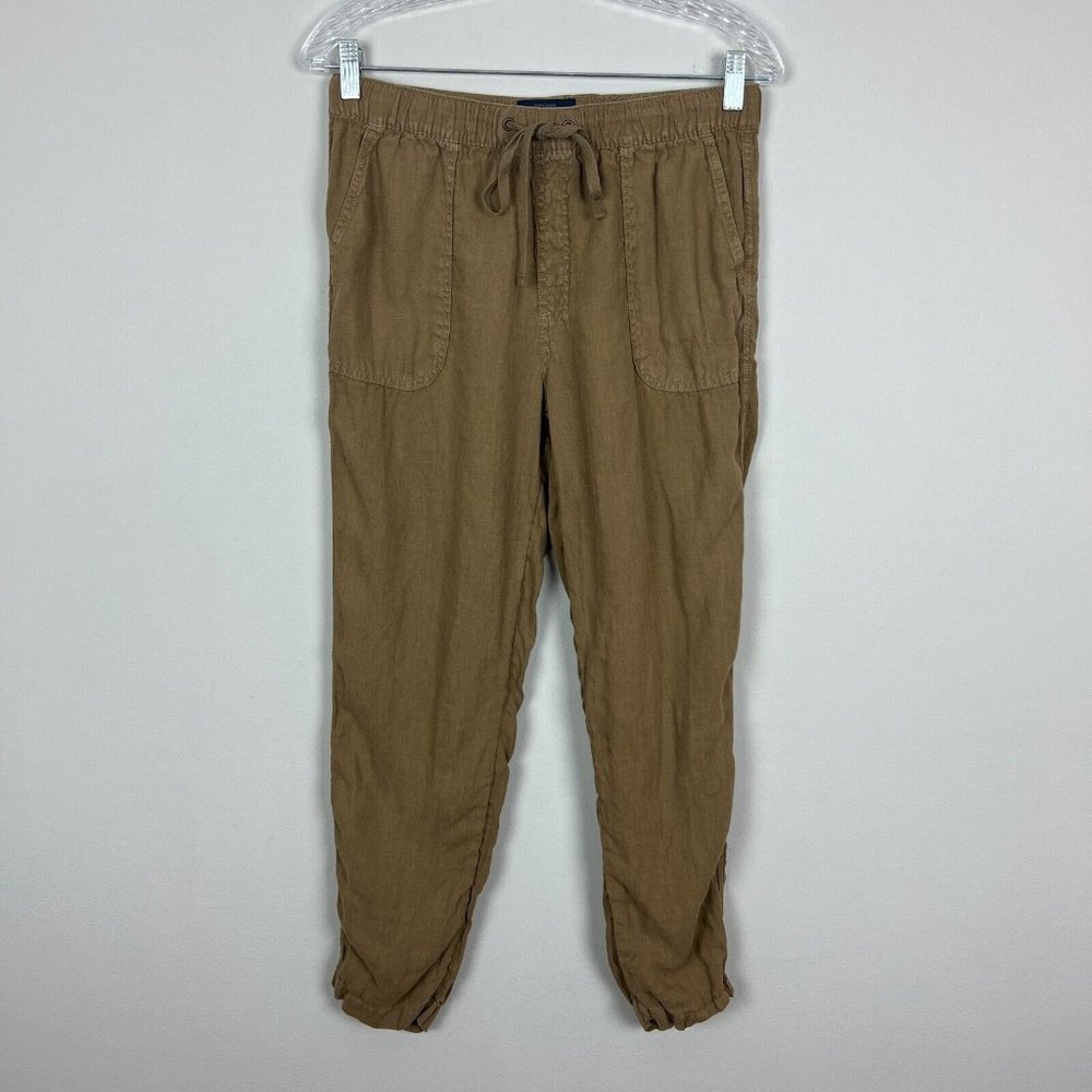 Rachel Roy Pants Womens Medium Brown 100% Linen Tapered Leg Casual Drawstring